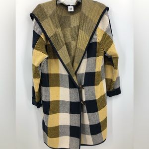 XL cabi Yellow/Blue Hooded with Pockets weighted cardigan.